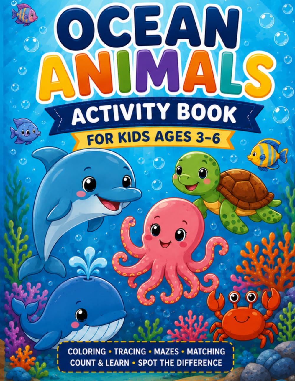 Ocean Animals Activity Book for Kids Ages 3–6: Coloring, Tracing, Mazes, Matching, Count & Learn & Spot the Difference
