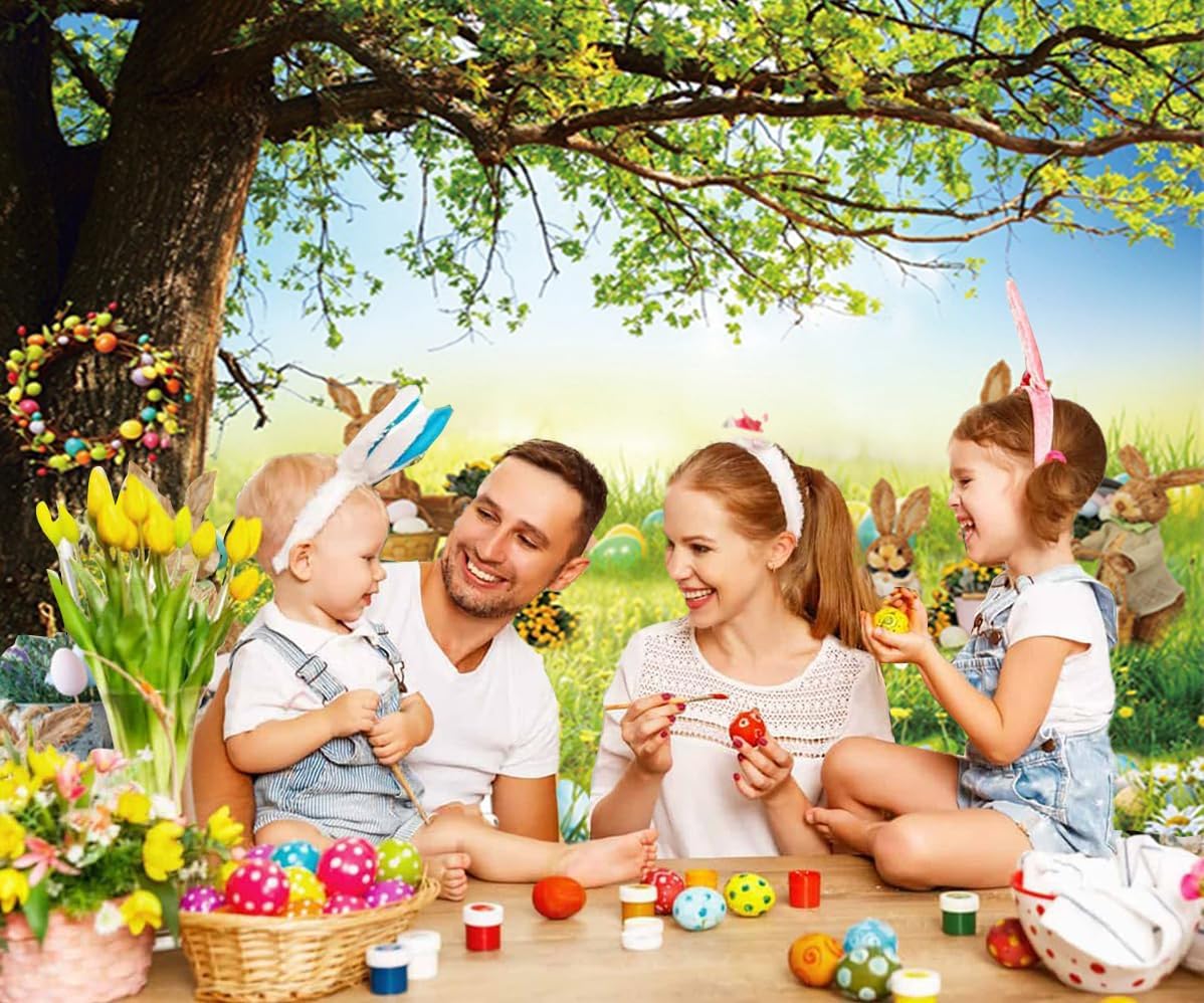 Spring Easter Backdrop 10x10ft Colorful Eggs Flower Rabbit Under the Tree Easter Backdrops for Photography Background for Outdoor Birthday Party Decoration Baby Shower Photo Studio Props