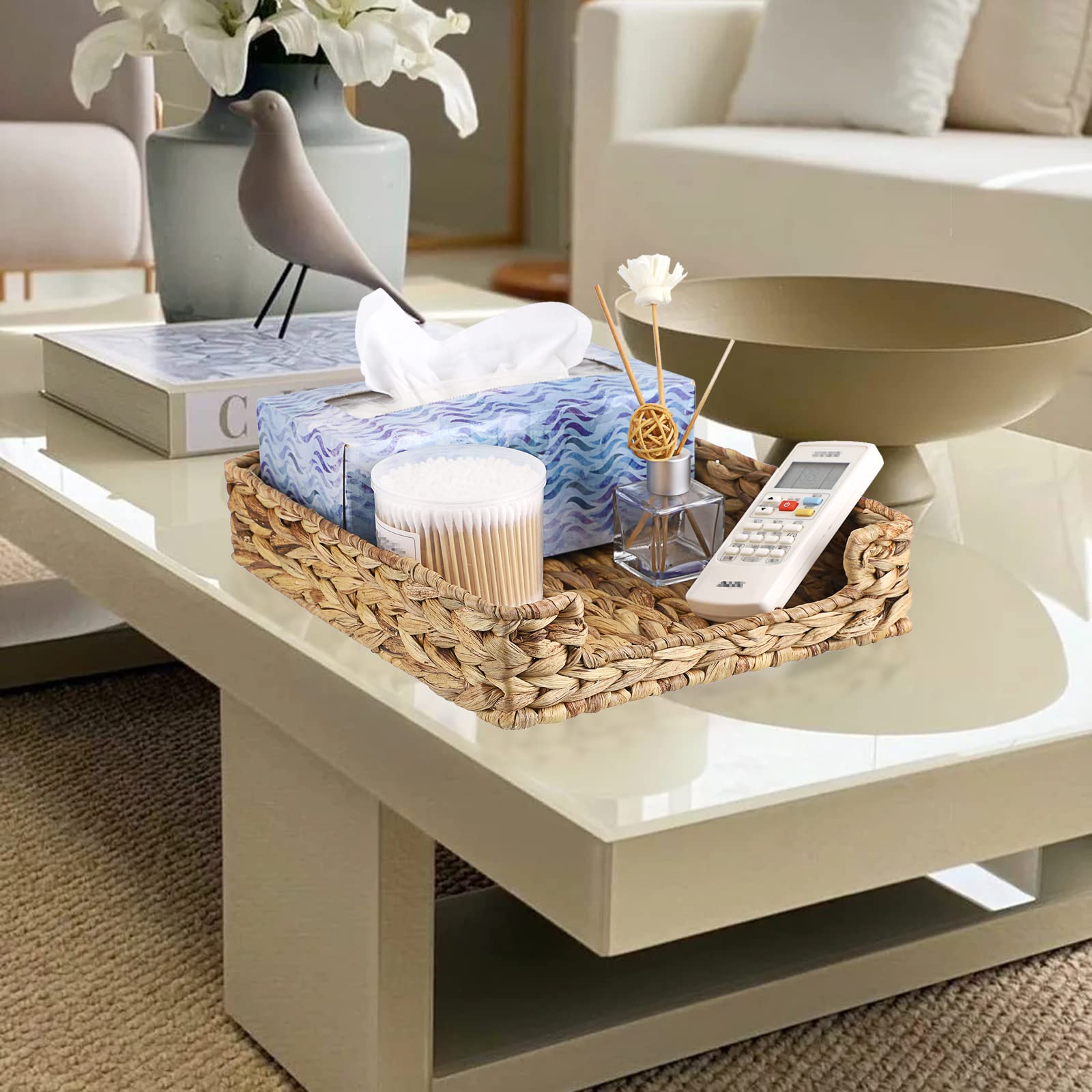 Cesta tejida de jacinto de agua, bandeja de documentos natural, bandeja impermeable para cartas, organizador de escritorio trenzado para documentos de papel A4, documentos, revistas, 33 x 27 x