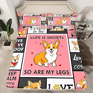 Corgi Fitted Sheet Full Ultra Soft Cute Corgi Bed Sheet for Kids Boys Girls Bedding Set Cute Animals Dog Fitted Sheet for Corgi Lovers Kawaii Puppy Pet Fitted Bed Sheets, Pink Black Grey