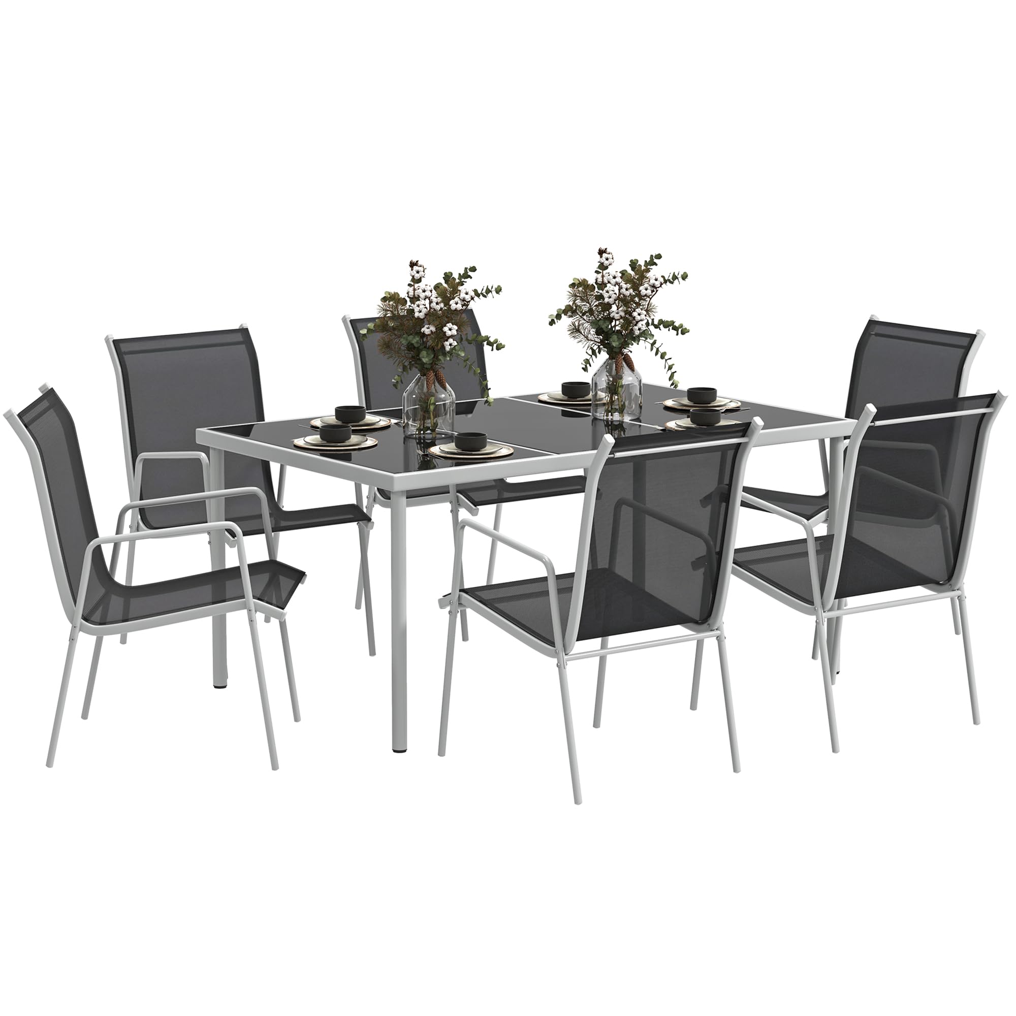 Outsunny Conjunto de Comedor de Exterior Juego de Comedor de Jardín de 7 Piezas con 1 Mesa 6 Sillas Apilables y Marco de Acero para Terraza Patio Negro
