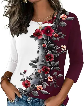  Women's Casual 3/4 Sleeve T-Shirts Round Neck Tunic Tops Work Blouse
