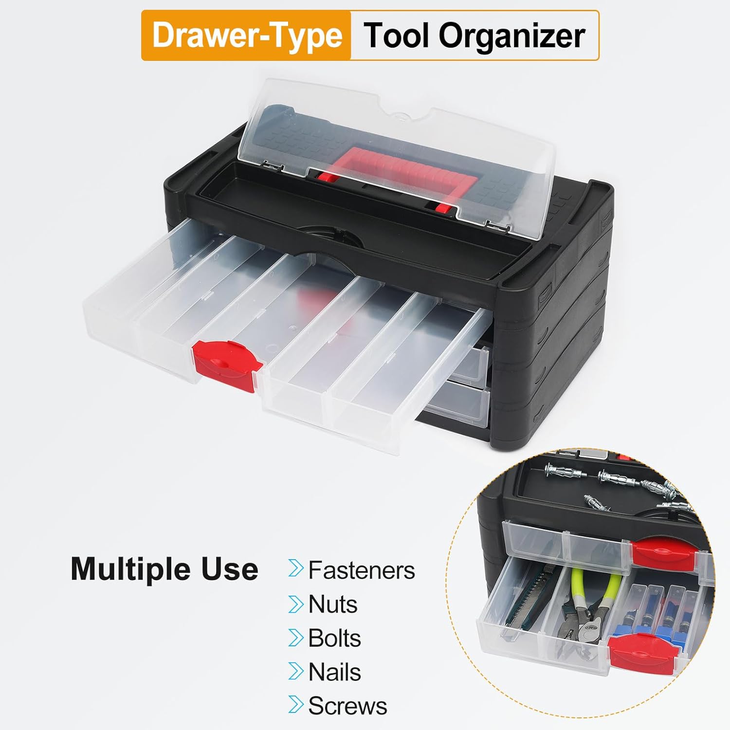 HARFINGTON Drawer Hardware Organizer 16.3"x8.9"x7.5" 3-Drawer 15-Compartment Tool Storage Box for Screws Nuts Nails Bolts