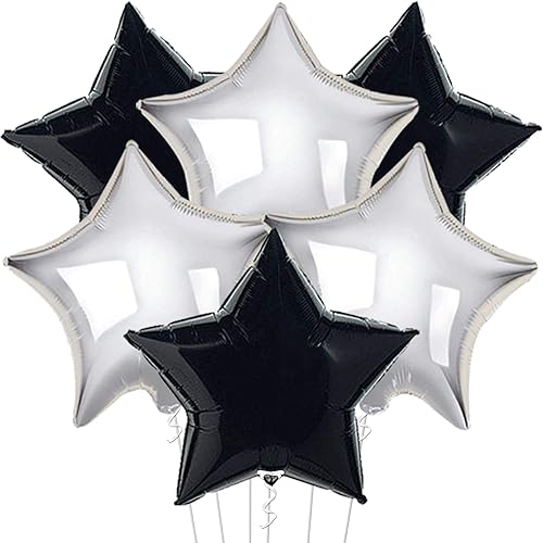 KatchOn, Globos en forma de estrella negros y plateados, 18 pulgadas, paquete de 6, globos negros y plateados para decoraciones de Año Nuevo 2026,