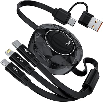 100W3in1 Charging Cable Retractable 1.2M PD Support/High Durability 100W/5A Super Fast Charging Lightning/Type C/Micro USB Cord 3 Devices Simultaneously Compatible with iPhone 16 15 14 13 12