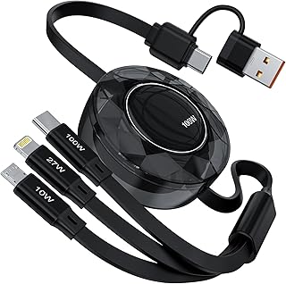 【100W】3合1 充电线 卷绕式 [支持1.2M PD/高耐久] 100W/5A 超快速充电 闪电/Type C/微型USB线 3台同时充电 iPhone 16 15 14 13 12、Galaxy S25 S24 S23、iPad Pro/Air/Mini、MacBook Pro/Air等多种机型适用 - 黑色