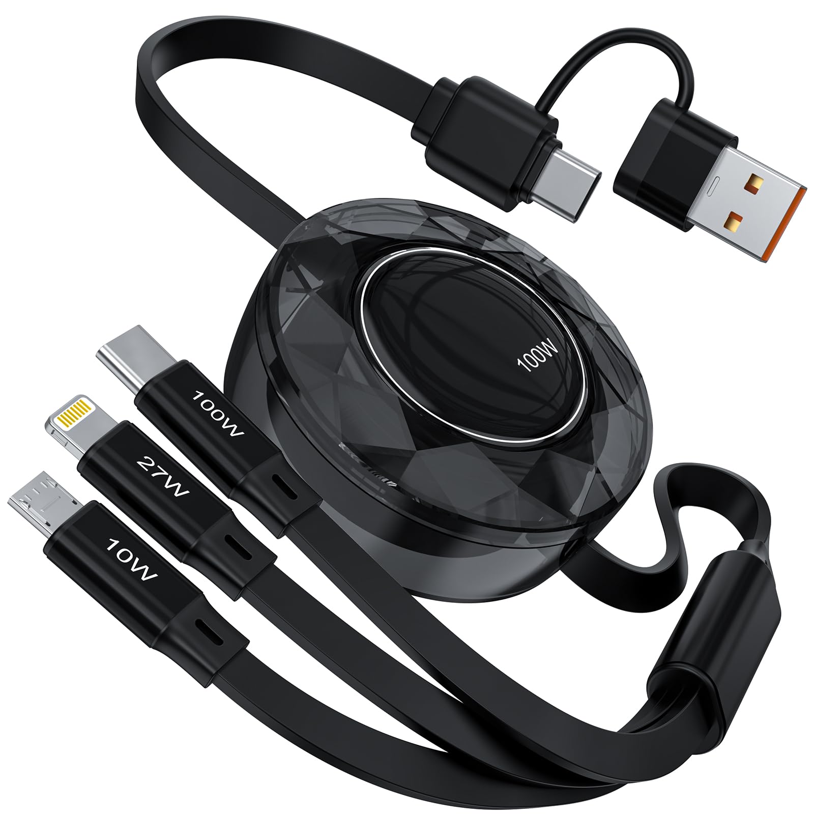 【100W】3in1 充電ケーブル 巻き取り式 [1.2M PD対応/高耐久] 100W/5A 超急速充電 ライトニング/Type C/マイクロUSBコード 3台同時充電 iPhone 16 15 14 13 12、Galaxy S25 S24 S23、iPad Pro/Air/Mini、MacBook Pro/Air等多機種対応 - ブラック