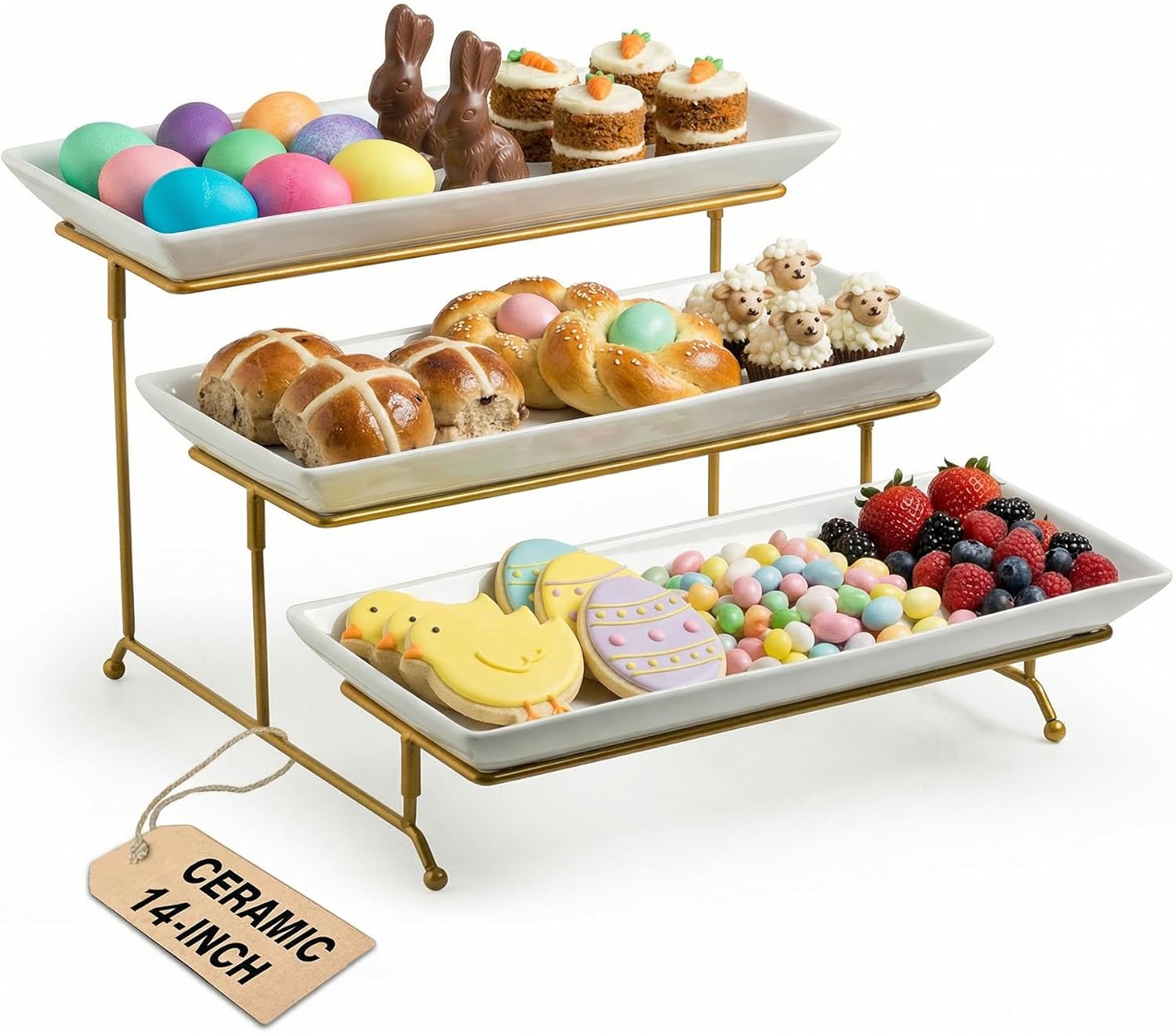 LAUCHUH Large 3 Tier Serving Stand Tiered Serving Trays with Collapsible Sturdier Rack Porcelain Serving Trays and Platters for Fruit Dessert Presentation Easter Party Display Set, 14 Inch