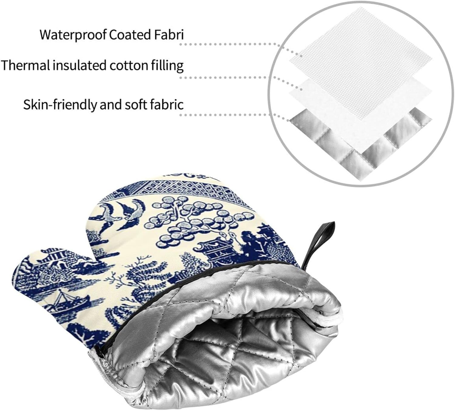 China Blue Willow 4 Pcs Set Oven Mitts and Pot Holders Heat Resistant Oven Gloves and Hot Pads for Baking Cooking