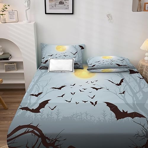 Miniatura 10 de Sábanas de murciélago tamaño individual  Juego de sábanas de Halloween para niños y niñas, juego de sábanas en blanco y negro, microfibra suave,