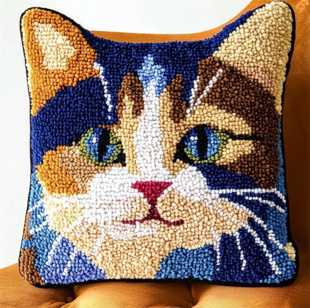 Rqwybcaxn Latch Hook Kit Cushion for Adults,Cat Pattern DIY Craft Latch Hook Rug Kits Embroidery Latch Hook Pillow Cover Kit for Christmas/Gifts,17X17Inch