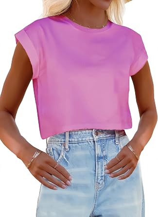 Womens Short Sleeve Crop Tops Round Neck T Shirts Casual Crop Tee Top