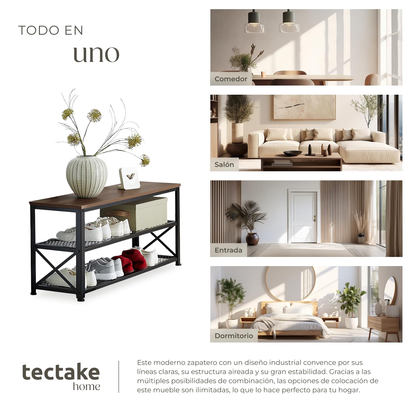 TecTake® Zapatero Madera, Zapatero Entrada Recibidor, Estanteria, Organizador Zapatos,Recibidores de Entrada, Mueble Recibidor, Muebles - 101 x 30,5 x 45,5 cm Madera Industrial Oscura, Rústica