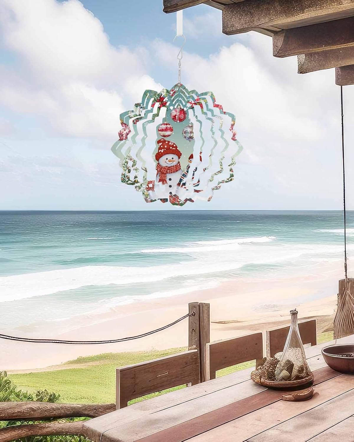 Christmas Wind Spinners for Yard and Garden Decor, Christmas Ball Snowman Metal Wind Spinner Hanging for Outdoor Indoor Decor, Poinsettia Flower Porch Garden Wind Sculptures Decorations 12inch