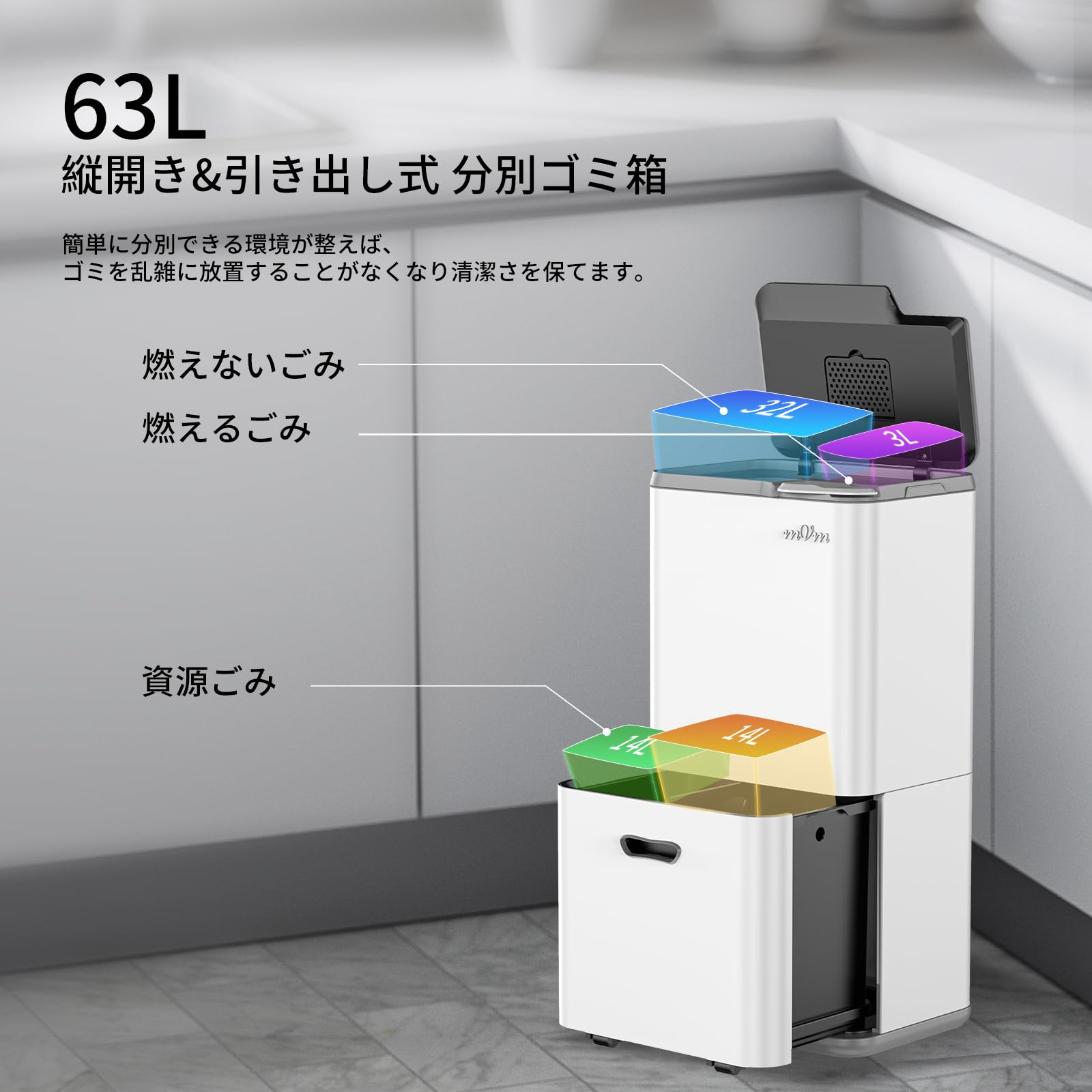 Amazon｜mVm ゴミ箱 分別 縦型2段4分別 63L ダストボックス 蓋付き 消