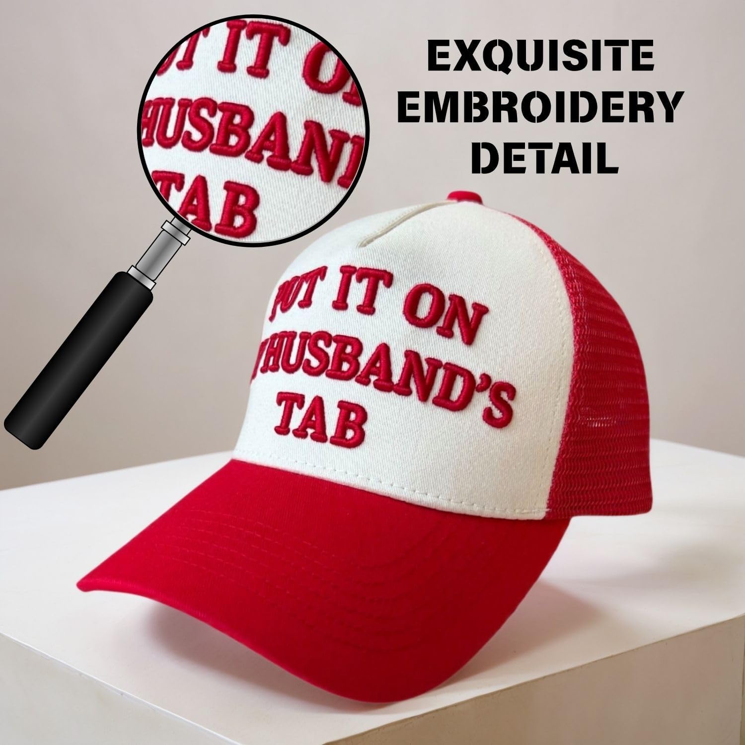 Put It On My Husband’s Tab – Funny Trucker Hat for Women – 3D Embroidered 5-Panel Mesh Cap, Adjustable Snapback, Vintage Style Baseball Hat - Image 6