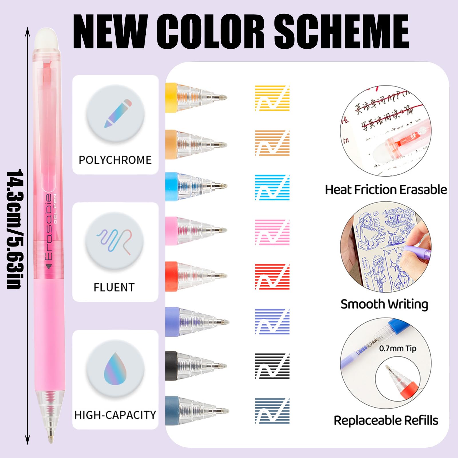Yolkify 12 Colors Erasable Pens Rub Out Pens, Erasable Gel Pen, 0.7mm Rub Out Friction Pen with Rubbers on the End, for Writing, Stationary Adult Bullet Journal Stocking Fillers for Teenage Christmas - Image 2