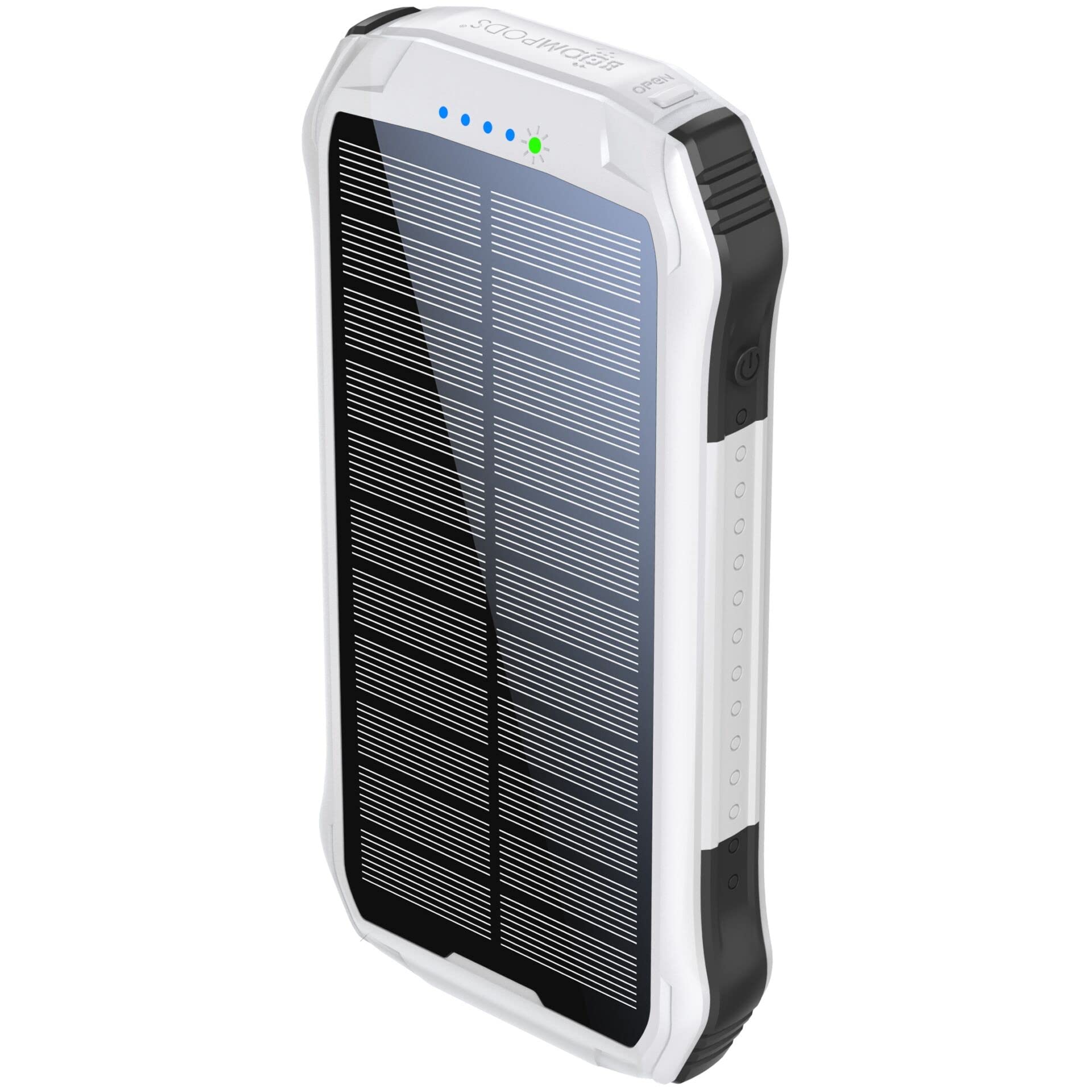 Boompods Neutron Powerbank Solare 10.000mAh - Caricabatterie Portatile con Torcia e Doppia Porta USB, Power Bank Impermeabile IPX4 con Pannello Solare, Per Campeggio e Viaggi, Bianco