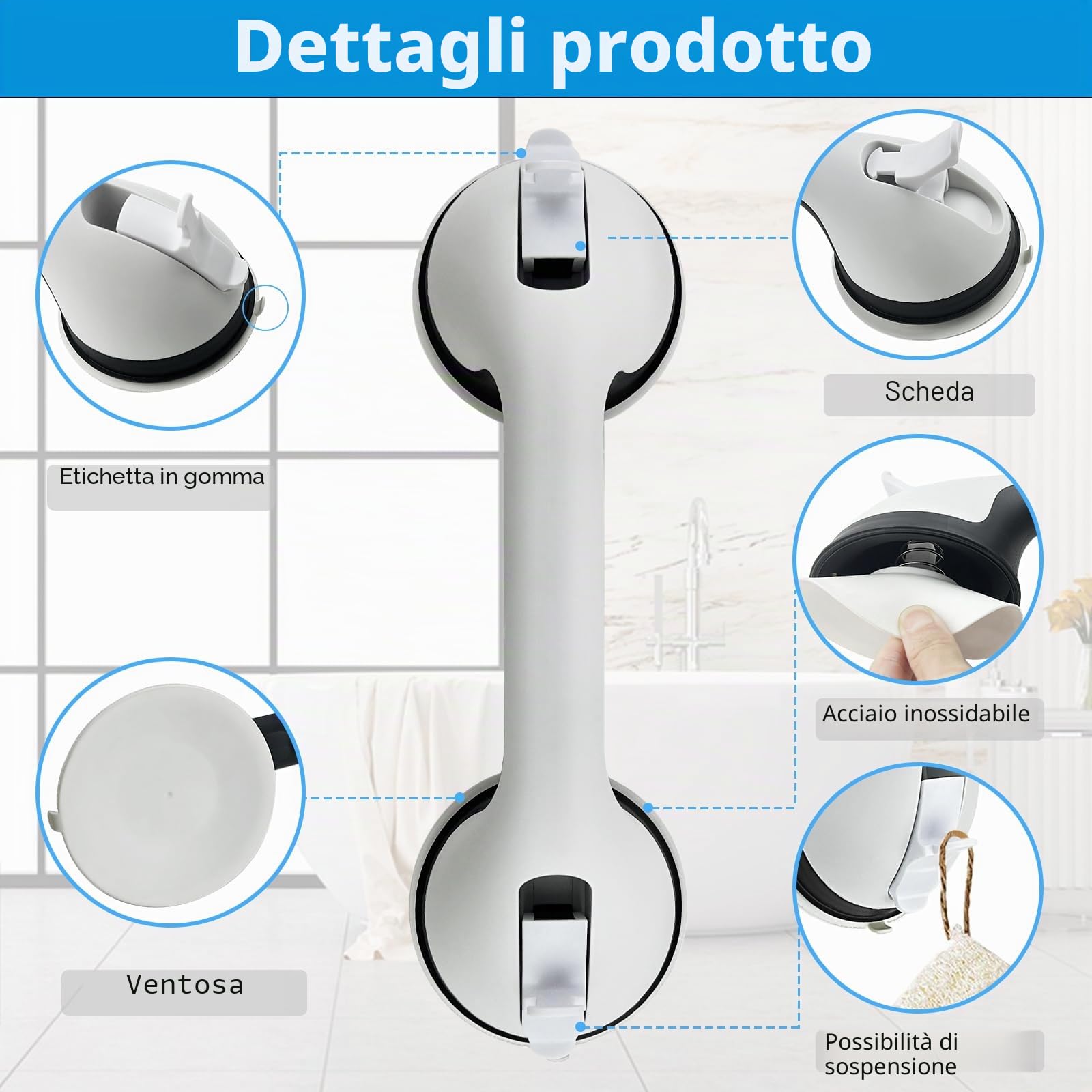 2 Pezzi Maniglia Doccia Anziani, Maniglia Ventosa, Maniglione Bagno Disabili Senza Foratura, Maniglione Doccia Portatile Adatto per Vasca, Bagno, Toilette (Bianco)