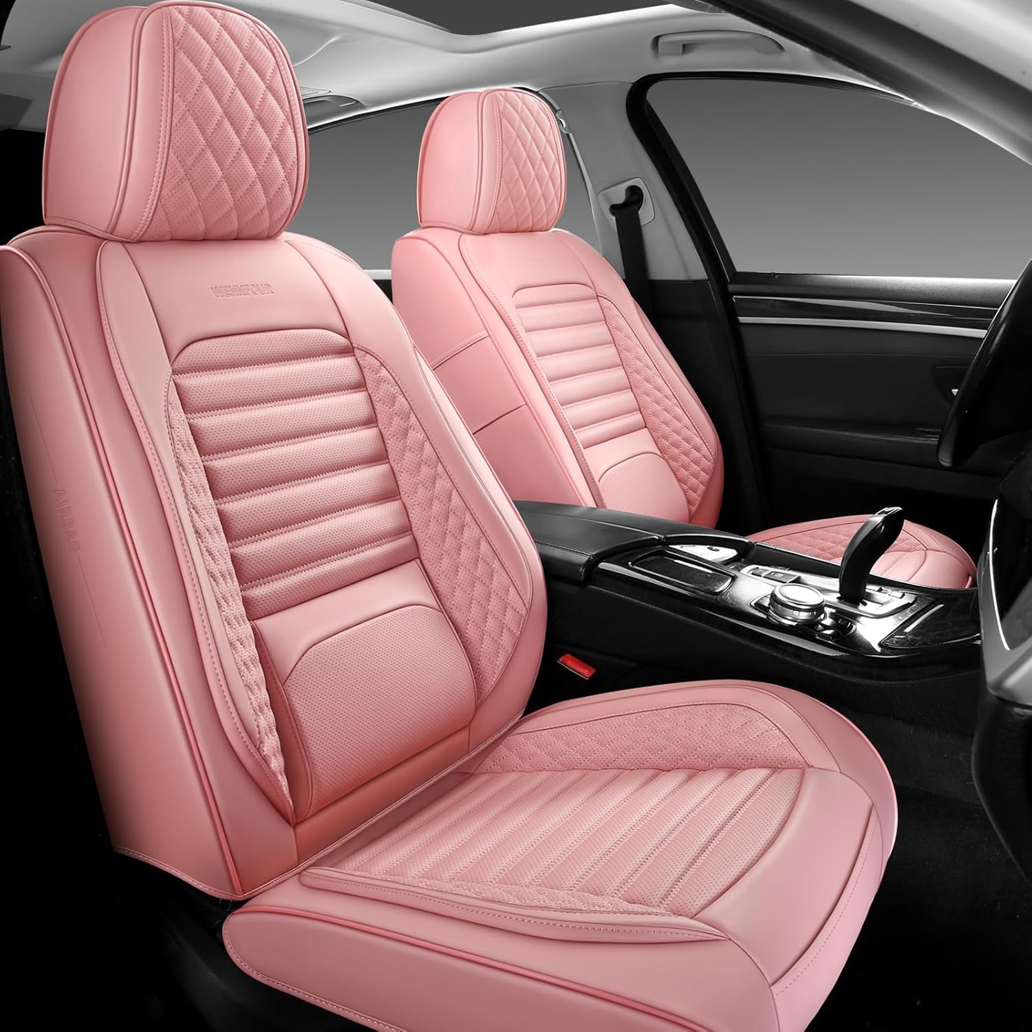 Front Car Seat Covers, Universal Leather Seat Covers with Headrest Pillows for Most Cars SUVs Pickup Trucks, Full Coverage Car Seat Protectors, 2 Seats Car Seat Cushion， Pink