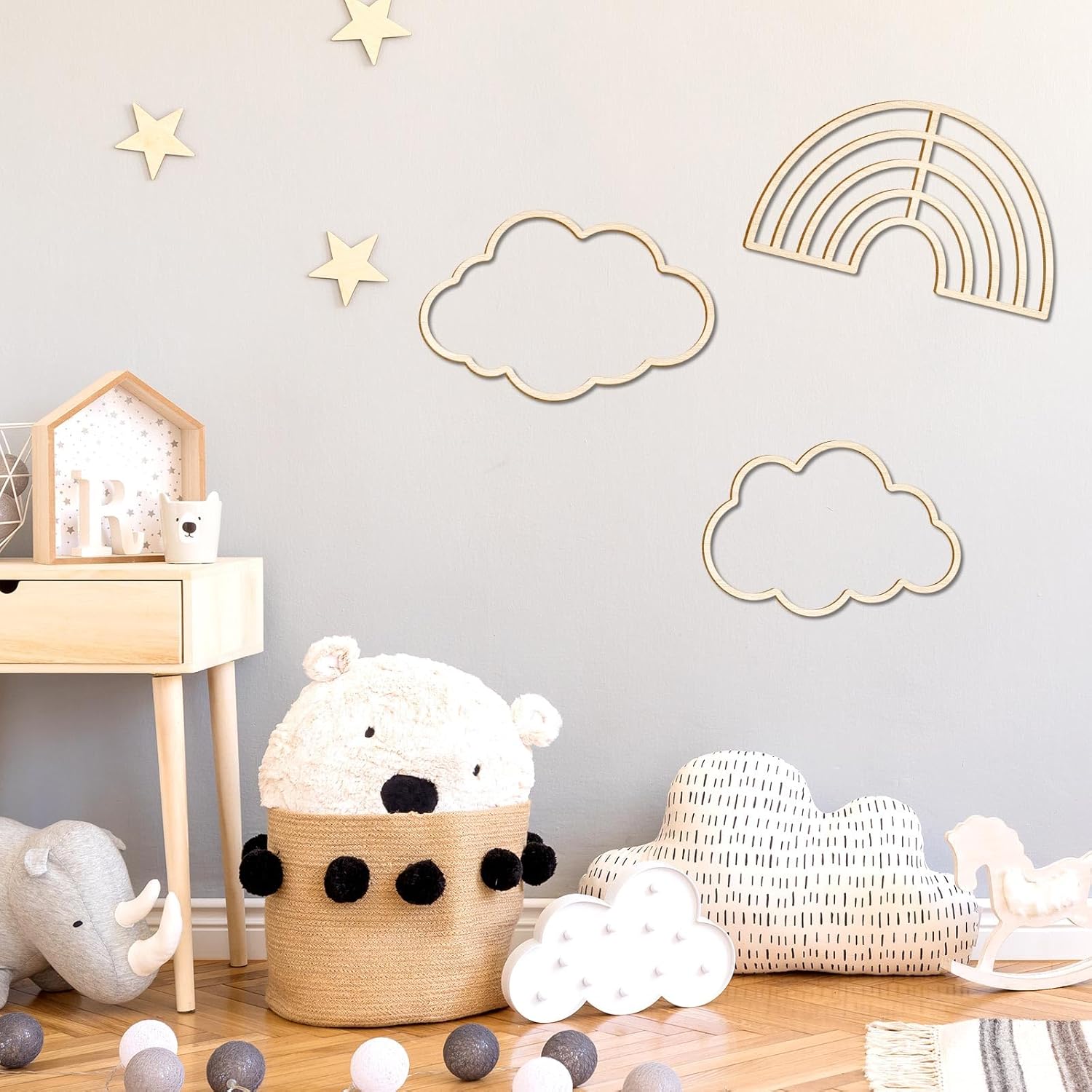 4 Pieces Boho Nursery Cloud Star Wall Decor Wooden Babyroom Moon Rattan Wall Decor Wooden Rainbow for Children Baby Kids Boys Girls Bedroom Nursery Pendant(Cloud Rainbow Sun)
