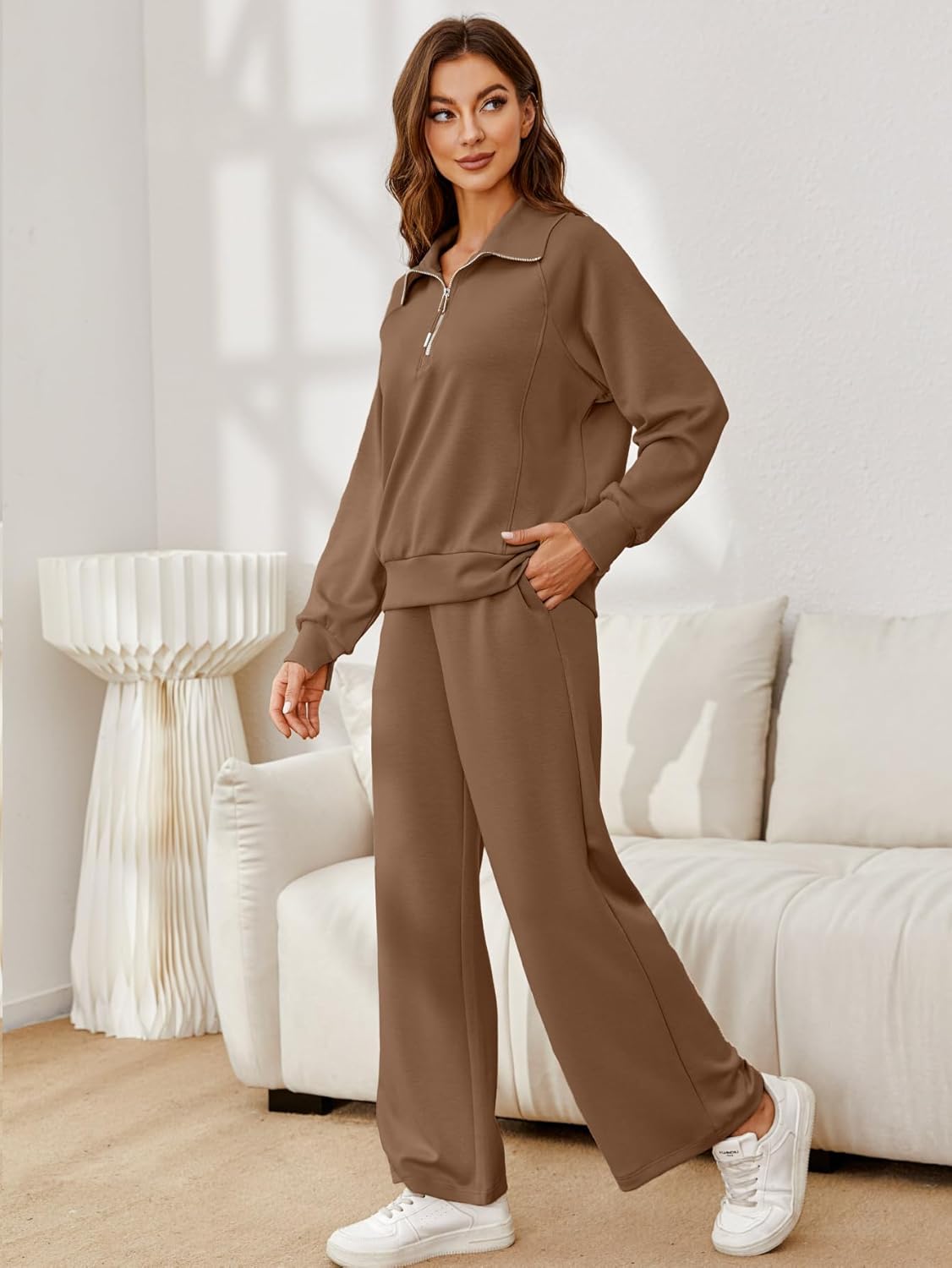 Glamaker Womens 2 Piece Outfits Sweatsuit Set Oversized Half Zip Sweatshirt Wide Leg Sweatpants Lounge Set Tracksuit