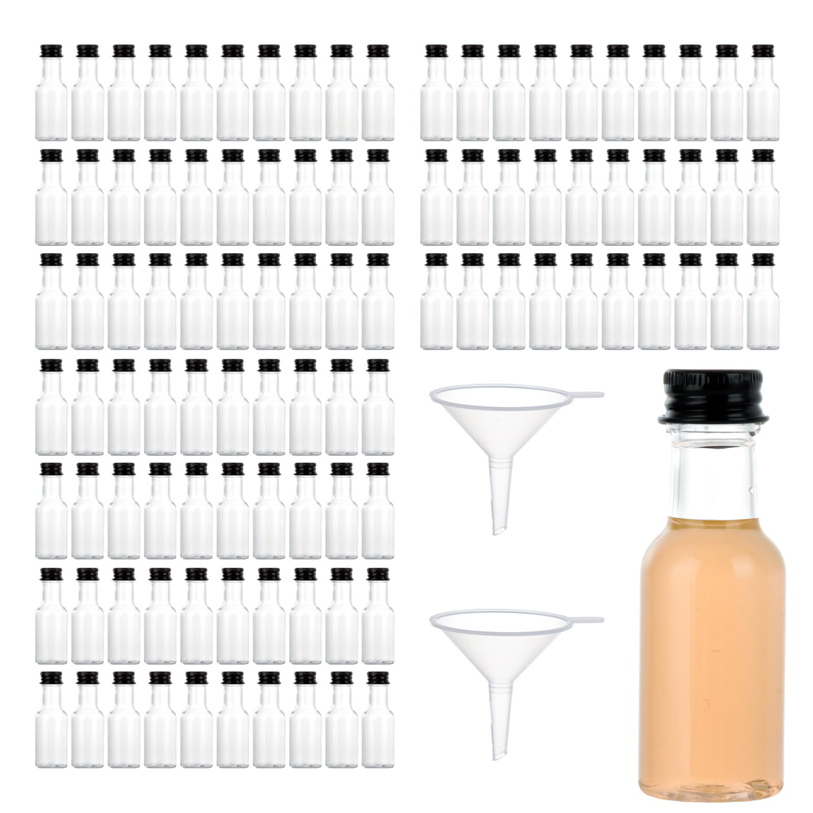 LOLYSIC 100PCS 25ml Mini Plastic Bottles with Lids, Miniature Alcohol Bottles with Screw Caps & Funnels, Empty Mini Liquor Bottle Reusable Spirit Shot Bottle for Wedding Party Favors (Black Cap)