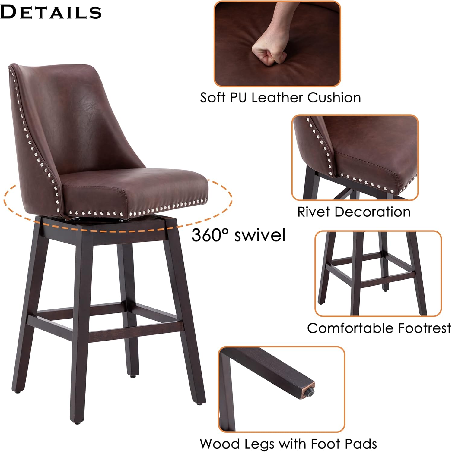 Chairus Set of 2 Mid-Century Modern 27 inch Swivel Bar Stools with Wood Legs, Faux Leather Upholstered, for Home Bar/Kitchen Island/Restaurant, Chocolate