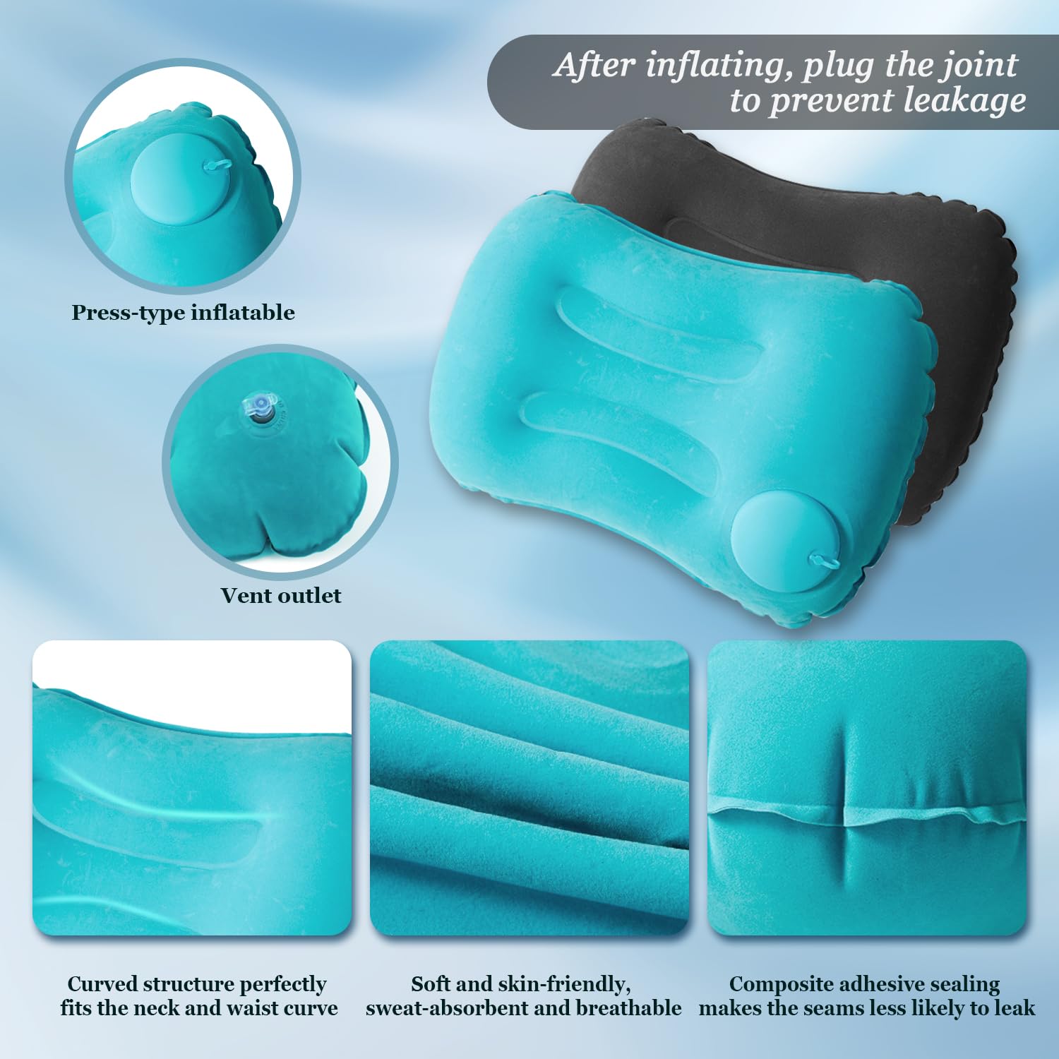 Paquete de 2 Almohadas Inflables de Viaje para Acampar Almohada de Playa Hinchable con Bolsa de Almacenamiento, diseño de Curva Corporal, Adecuado para Playa, Camping, Senderismo, Trekking