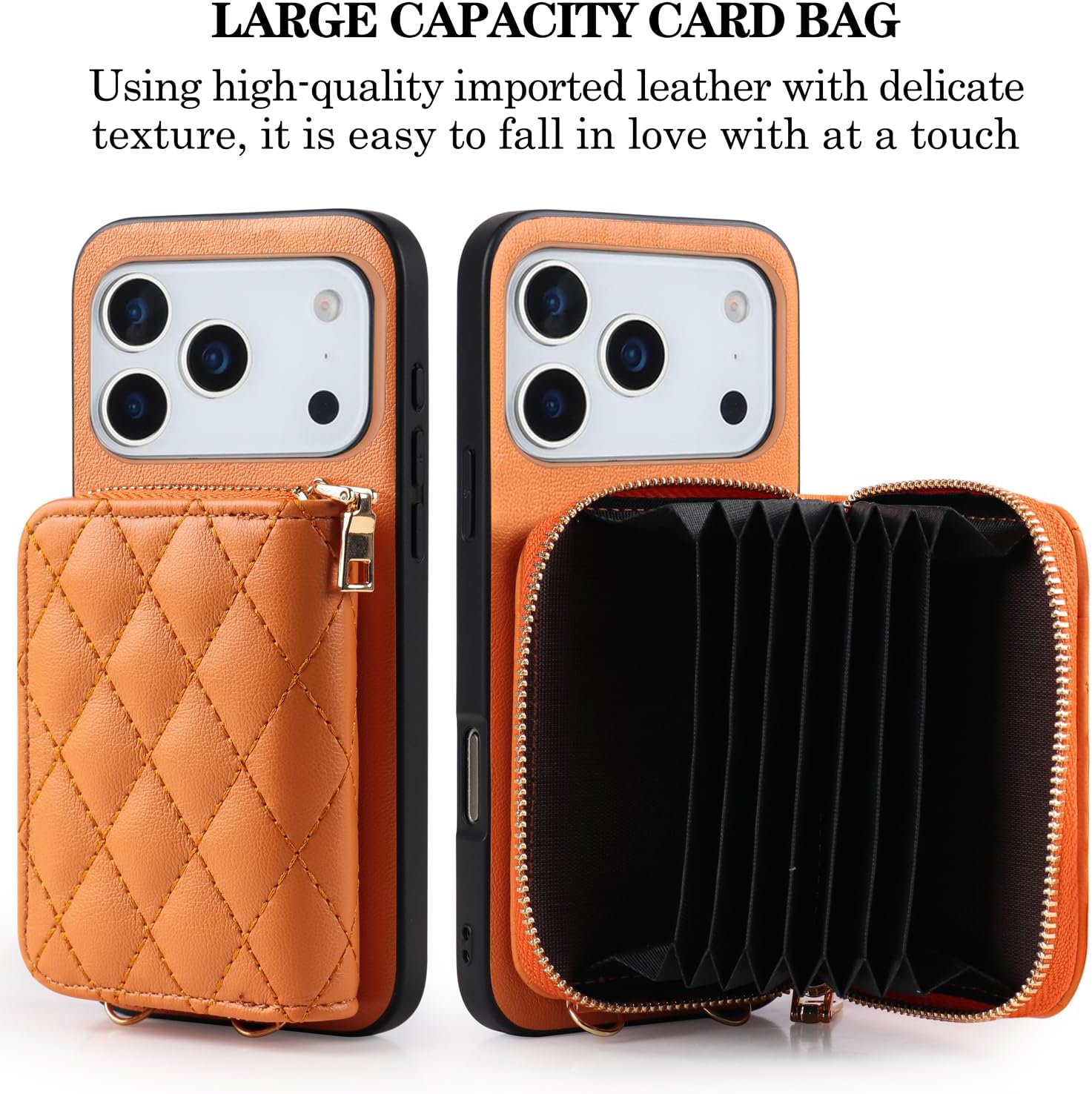 Argyle Wallet Cover for iPhone 17 Pro Max 6.9 inch & Screen Protector Shoulder Strap, Luxury PU Leather Zipper Organ Card Holder Stand Phone Case for i Phone17 17Pro i17 ProMax 17ProMax Orange