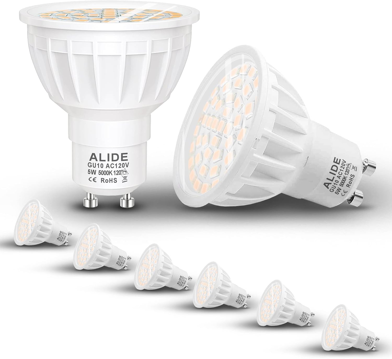 ALIDE Dimmable GU10 Led Bulbs 5000K Daylight White,120 Degrees Wide Beam Angle, Replace GU10 50W