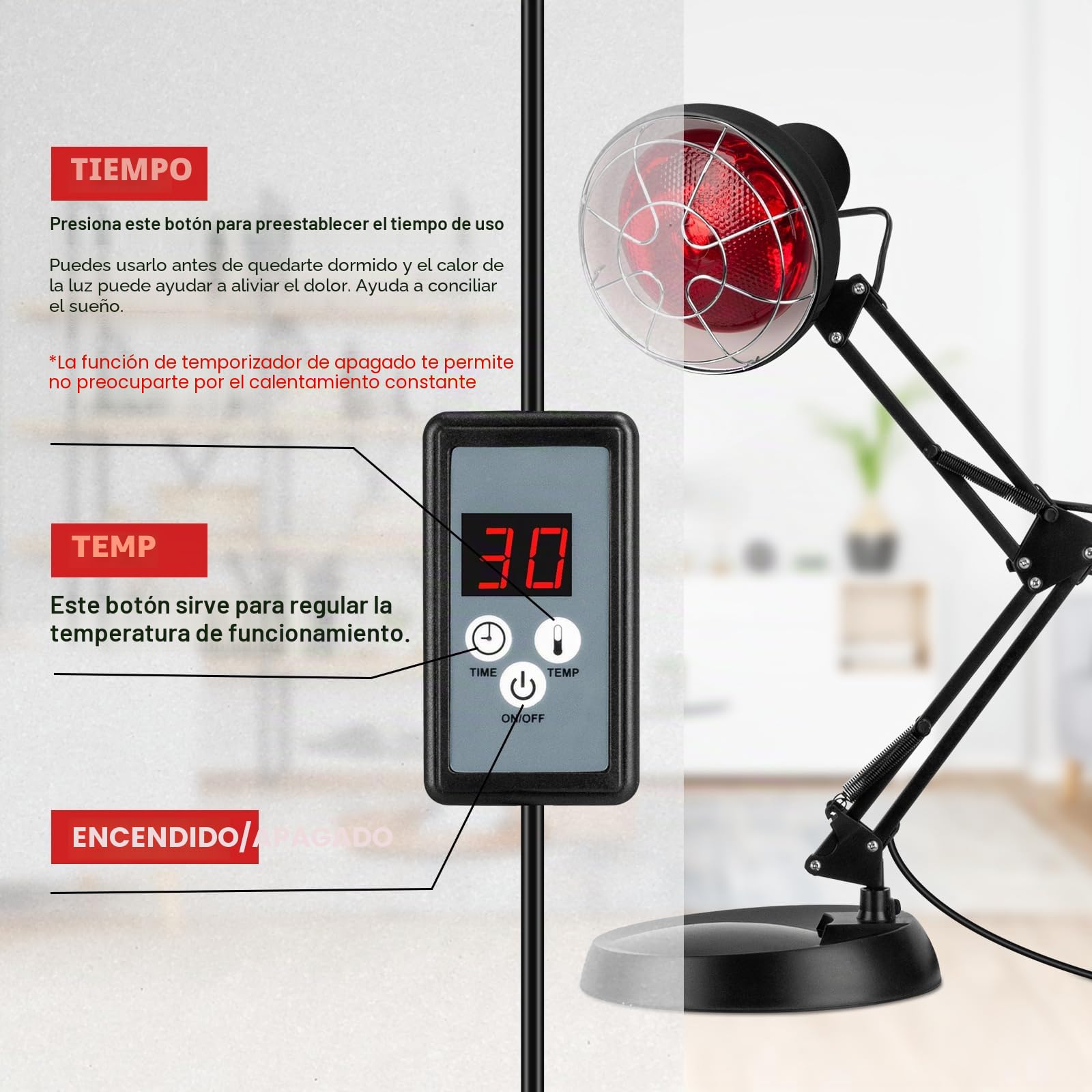 Cozion Lampara In-frarrojos Calor, Lampara In-frarrojos Fisiote-rapia Luz RojaTemporizador Temperatura Ajustable Lampara Luz Roja