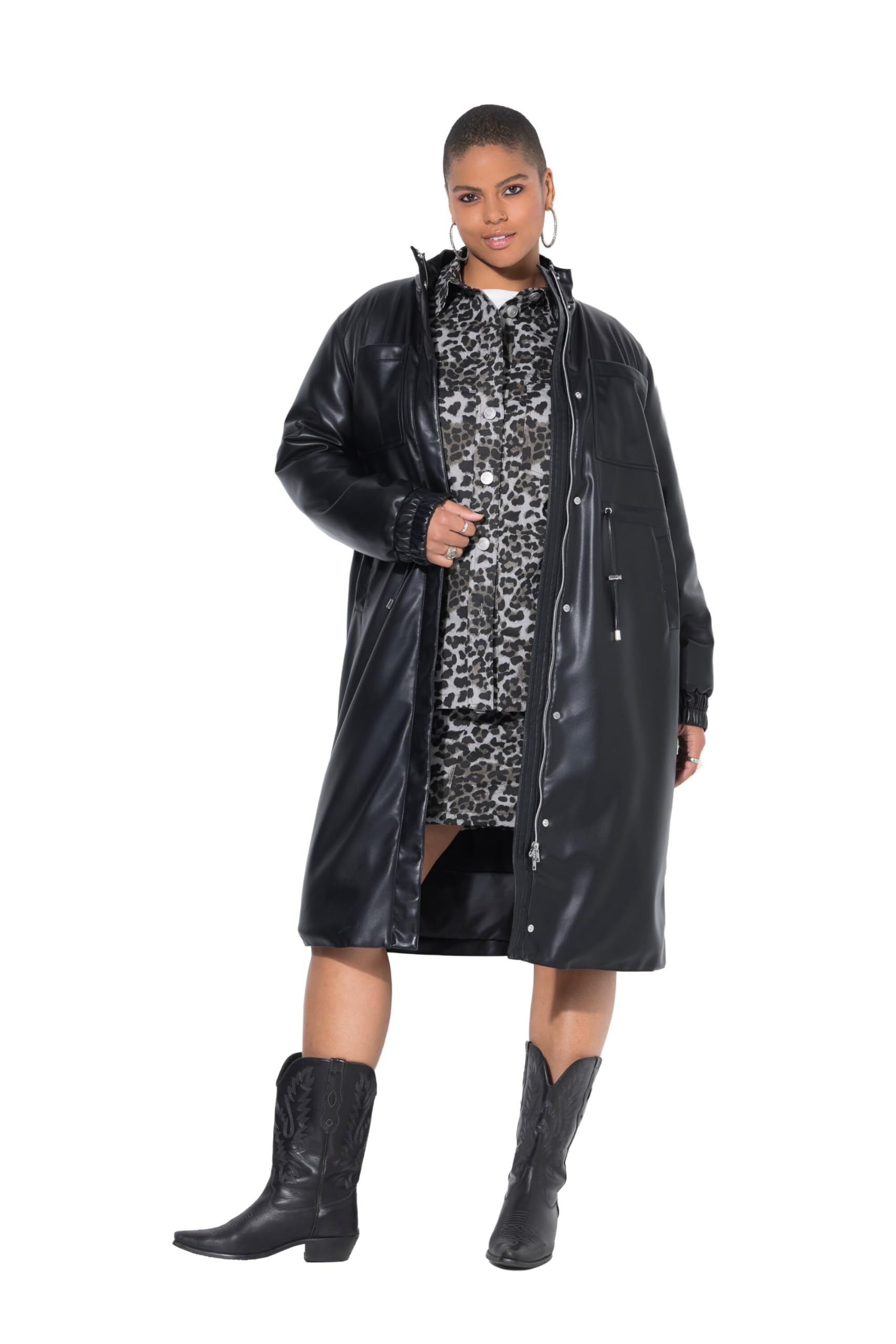 Studio Untold Damen große Größen Übergrößen Plus Size Mantel, Lederoptik, Taillen-Tunnelzug 842782