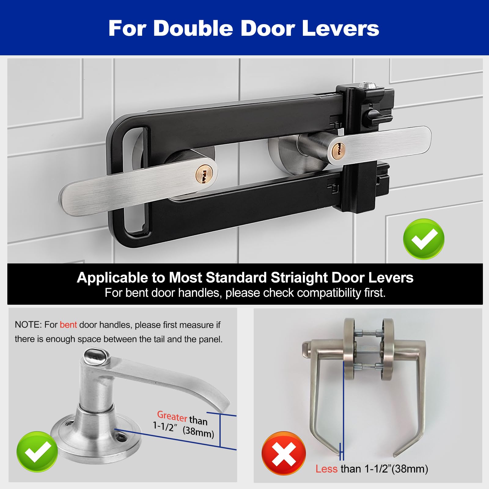 Dispositif de verrouillage à double porte, barrière de sécurité pour porte française, serrure de porte supplémentaire à clé pour portes avec double poignées/boutons/leviers, construction
