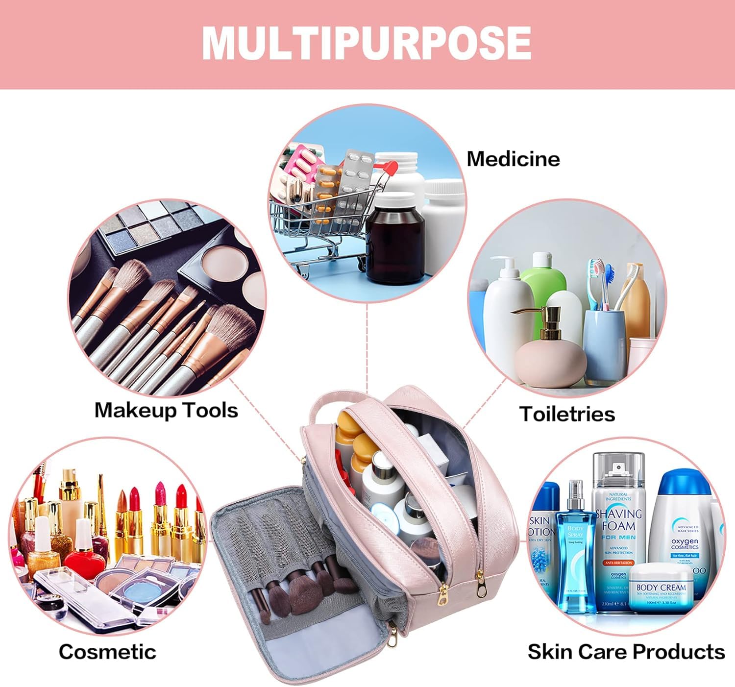 ABCHCHS Travel Toiletry Bag for Women- PU Leather Makeup Cosmetic Bag, Waterproof Organizer for Toiletries Accessories - Image 4