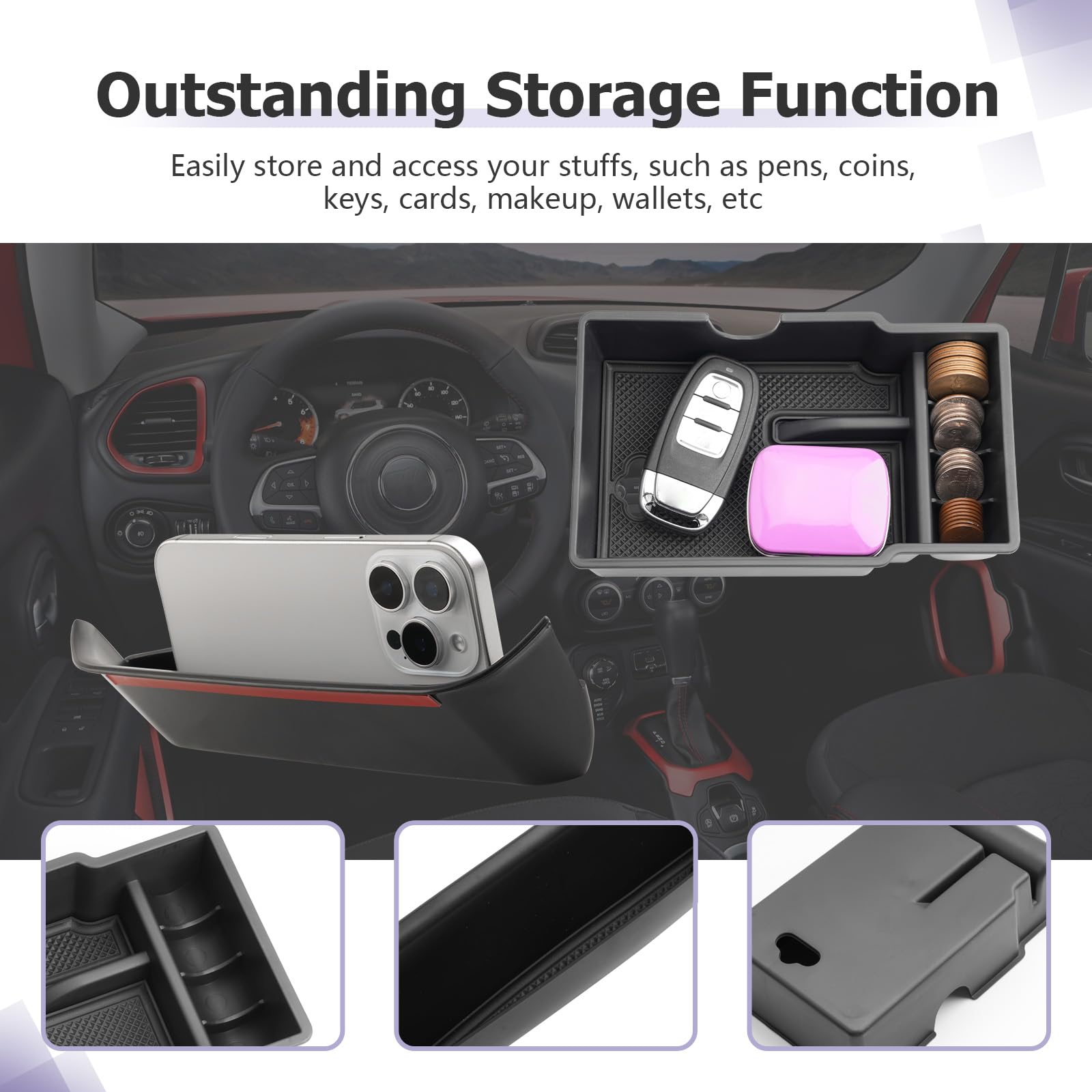 Compatibile con Jeep Renegade BU 2015-2024 2025 Consolle centrale portaoggetti + portaoggetti per portiera auto con tappetino antiscivolo Organizer per vano portaoggetti Renegade BU Accessori