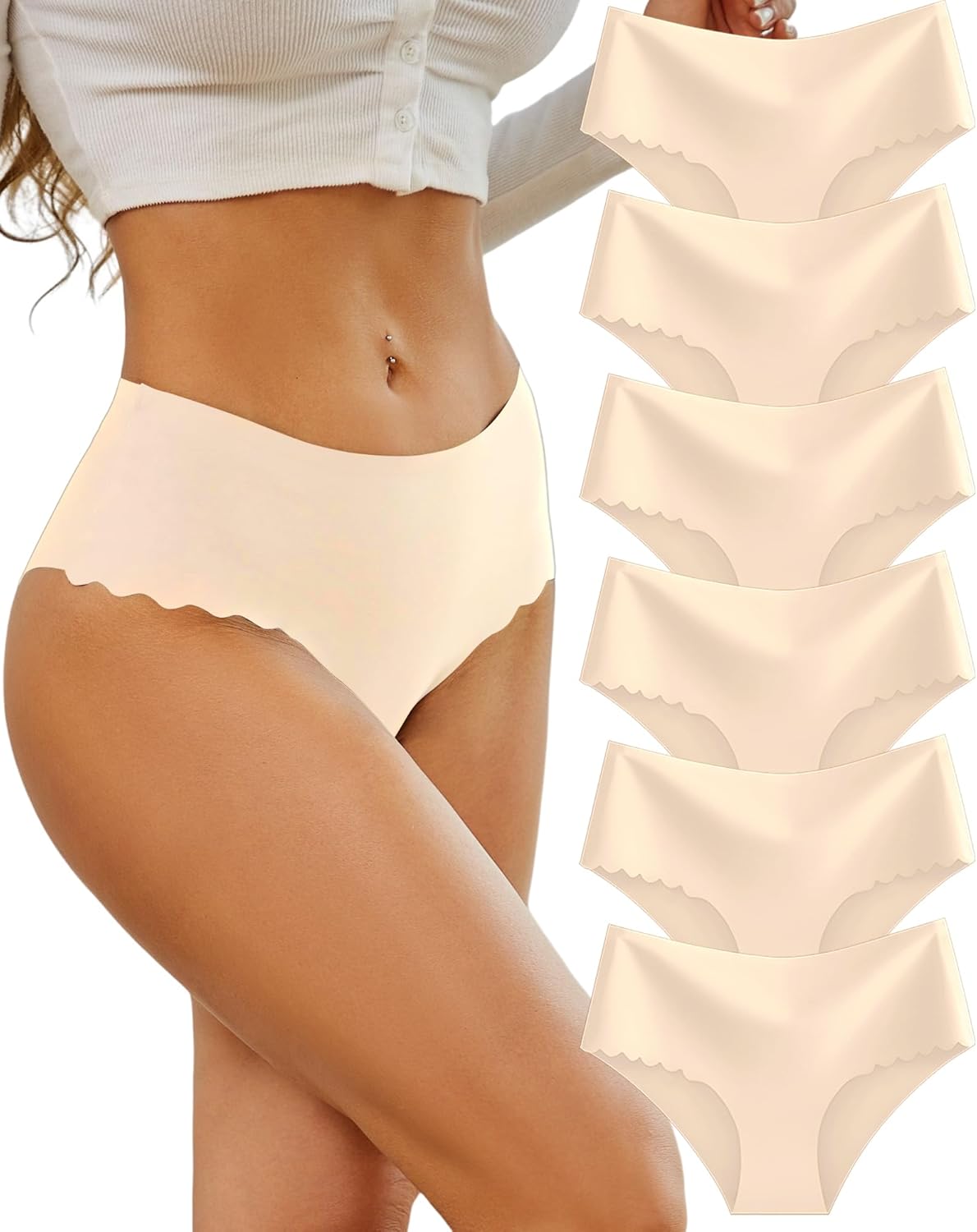 Sth Big High Waisted Seamless Underwear for Women No Show Panties Cheeky Scalloped Edge Bikini Breathable Briefs 6 Pack