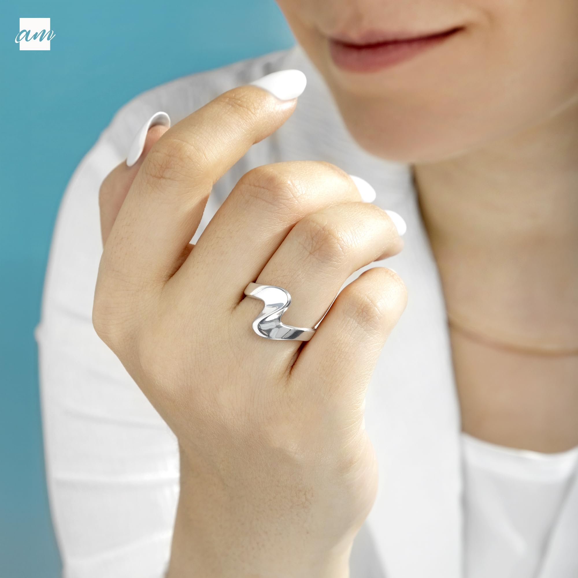 Amberta Anillo Olas de Mar de Plata de Ley para Mujer | Anillo Olas | Anillo Apilable Plata | Anillo Mujer Plata