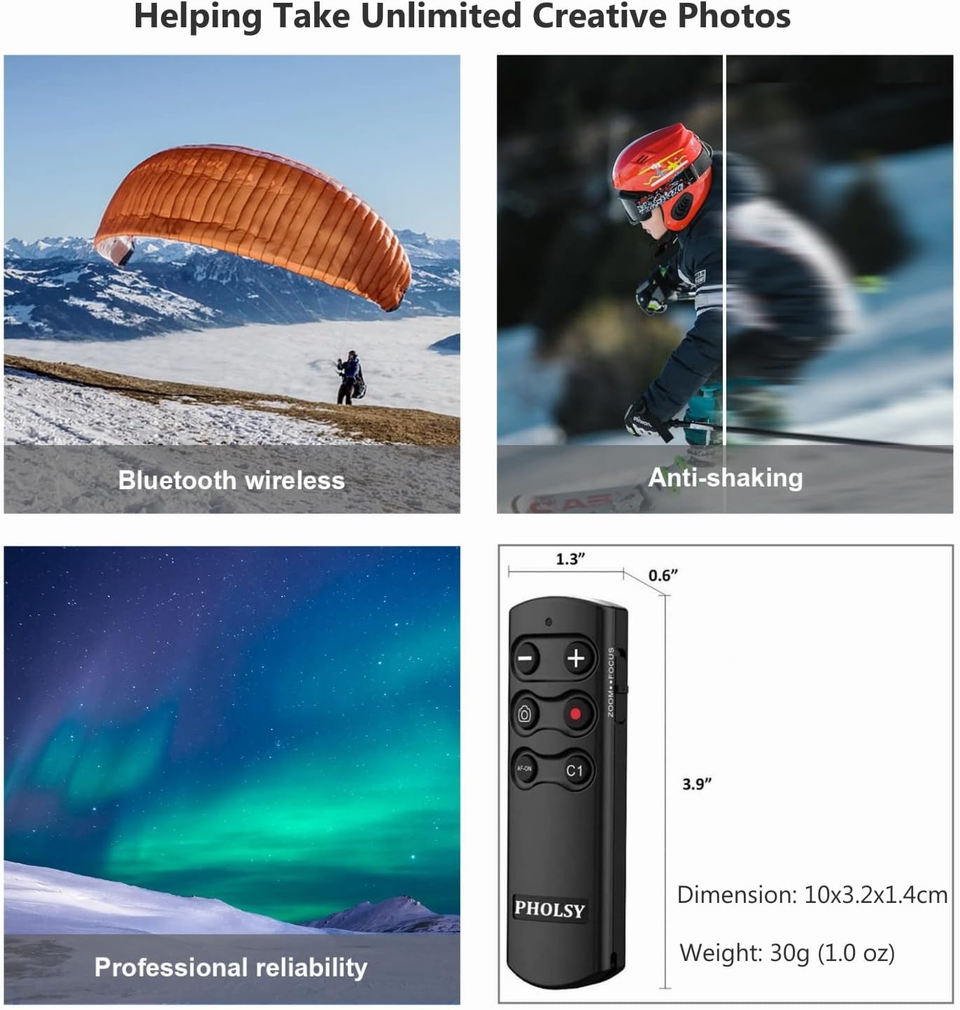 PHOLSY RMT-P1BT remote with dimensions and features