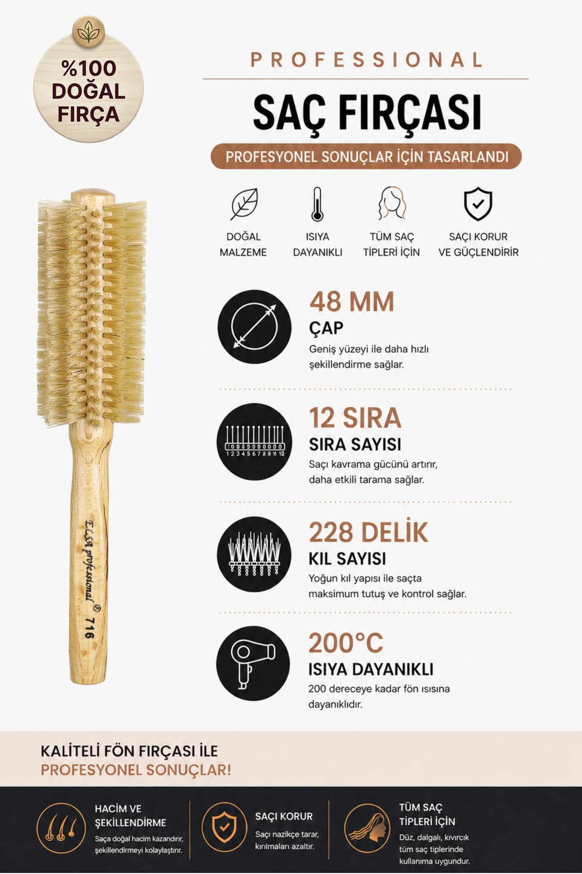 Elsa Professional 716 Natürel Doğal Saç Fırçası