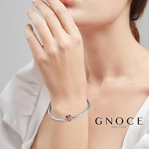 Miniatura 5 de GNOCE Abalorio de calavera y rosa de plata de ley 925 con diseño de calavera de rosa roja para pulseracollar, regalo de joyería de Halloween, Metal