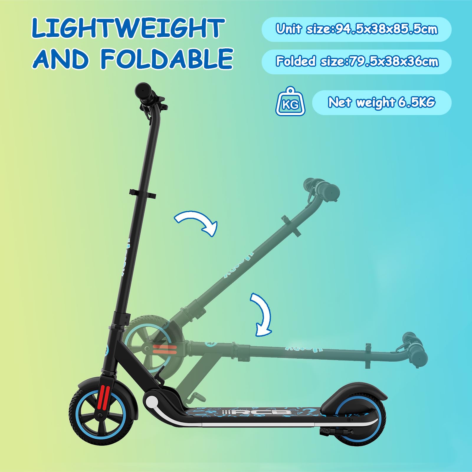 RCB Monopattino Elettrico per Bambini 6-12 Anni, Motore 150W - Max 16 Km/h - Luce LED Arcobaleno - Pieghevole - Display a LED - Velocità e Altezza Regolabili, Regalo per Bambini ed Adolescenti