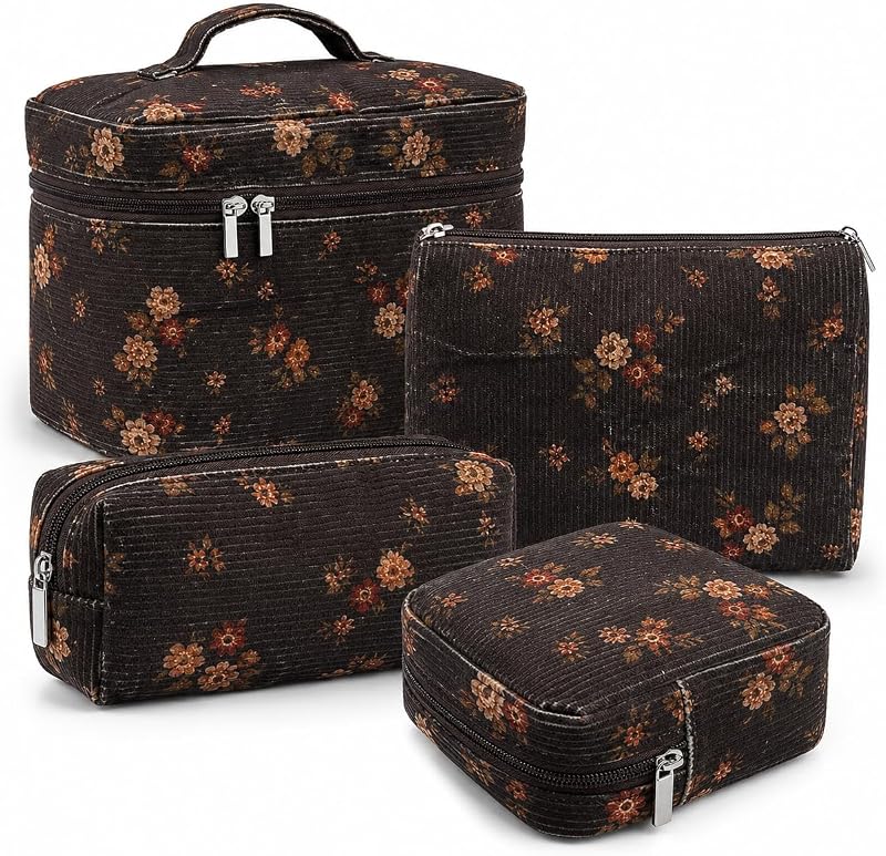 Conjunto LVWNM com 4 necessaires de veludo cotelê com zíper, tamanhos variados, 17-BrownRetro