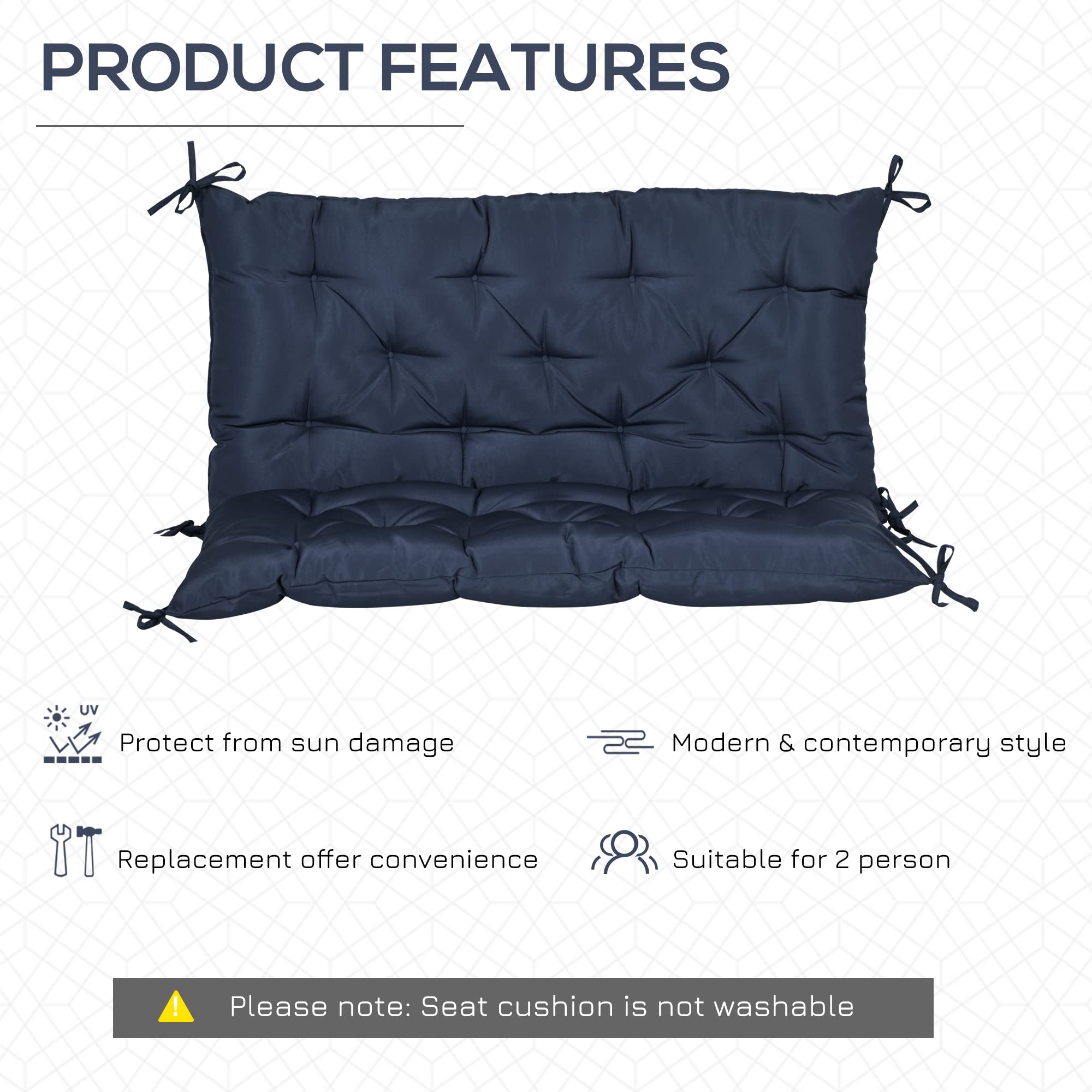 Outsunny Coussin Matelas Assise Dossier pour Banc de Jardin balancelle canapé 2 Places Grand Confort 100 x 98 x 8 cm Bleu foncé