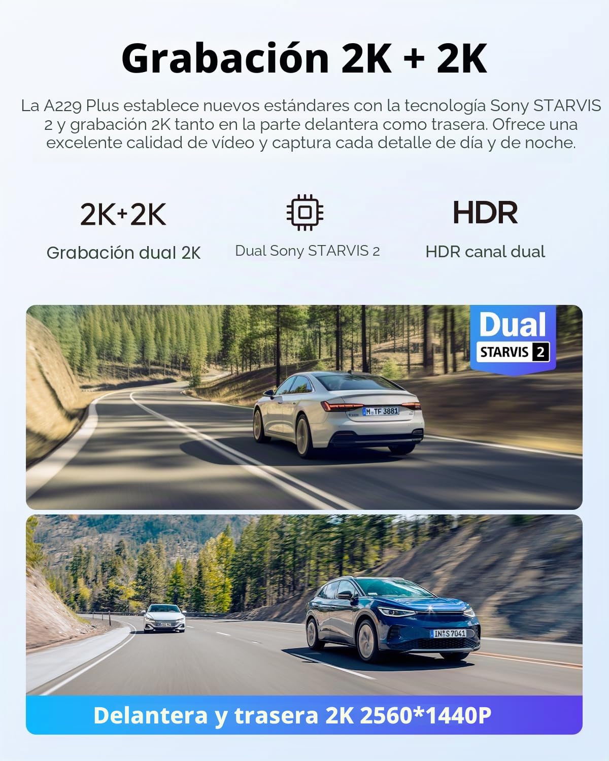VIOFO A229 Plus 2K + 2K Dual STARVIS 2, cámara de salpicadero delantera y trasera HDR, control por voz y cámara de auto WiFi de 5 GHz, GPS ultra preciso, visión nocturna excelente 2.0
