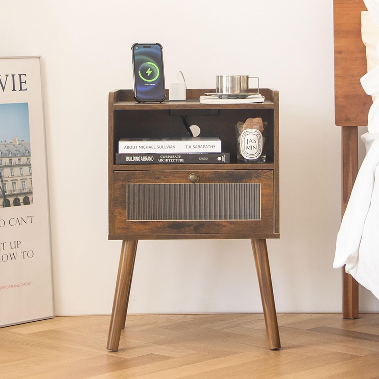 AWASEN Mid Century Night Stand with Charging Station, Wood Bedside Table with Glass Drawer, Small Modern Nightstand End Side Table with 2 Tiers Storage for Bedroom, Office(Rustic Brown) Rustic Brown With Outlet