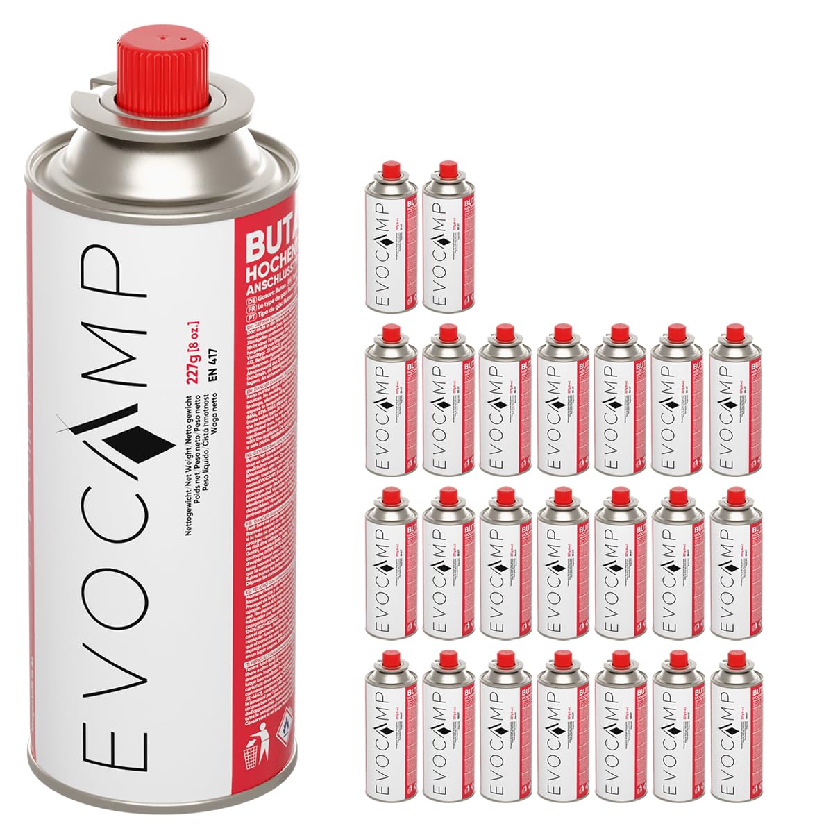 EVOCAMP Bouteilles de gaz Butane 227g pour réchaud de Camping, Chauffage au gaz ou brûleur de Mauvaises Herbes, Cartouche de gaz Type MSF-1a, pressurisée Universelle (24X)