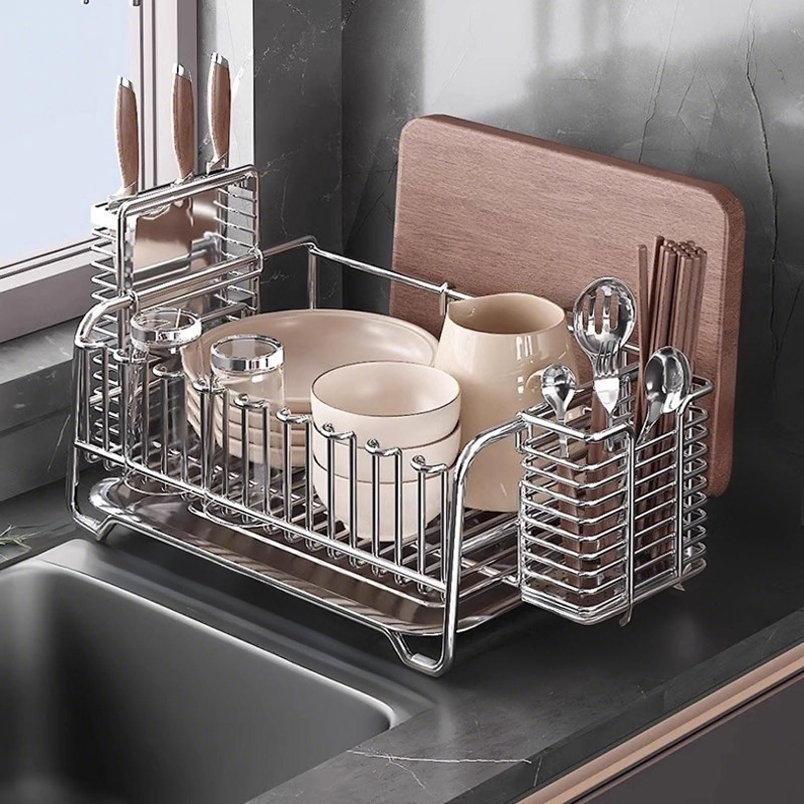 Scolapiatti in Acciaio Inox con Vassoio Rimovibile, Ideale per Piatti e Ciotole, da appoggio sul Piano di Lavoro della Cucina (36x20,5 cm)
