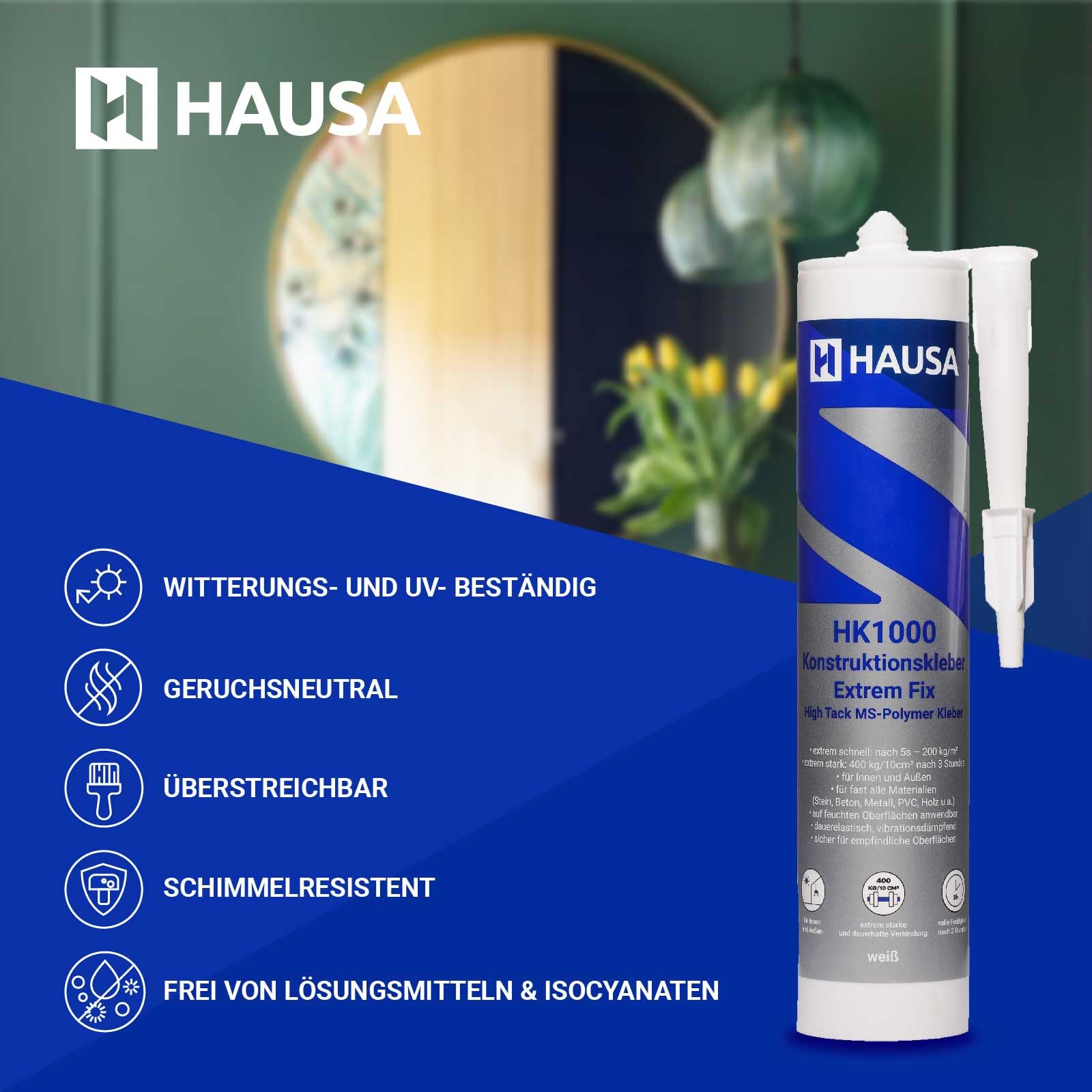 High-Tack Montagekleber 4x290ml + Kartuschenpresse 18:1 extrem schnell & stark MS-Polymerkleber für Innen & Außen alle Materialien dauerelastisch, witterungsbeständig, gebrauchsfertiger Set HAUSA