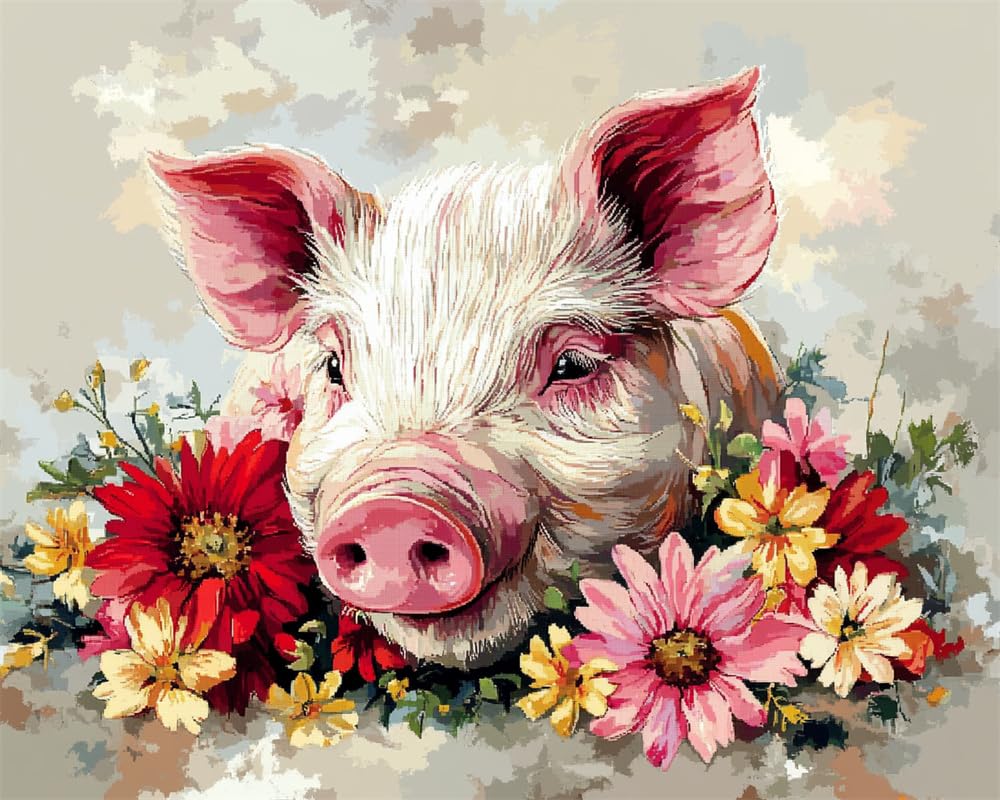 Henypt Cross Stitch Kits Cute Pig and Flowers Stamped Cross Stitch Preprinted 11Ct Fabric Cross Stitch DIY Art Embroidery Kits for Adults (Stamped)